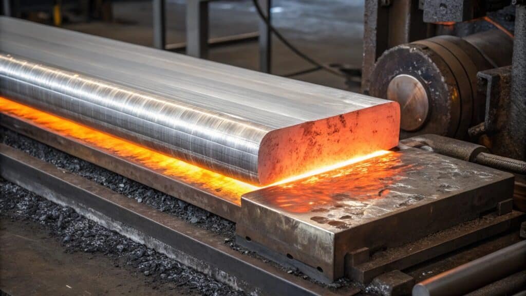 alt with keywords: aluminum part glowing red hot during the annealing process in a furnace